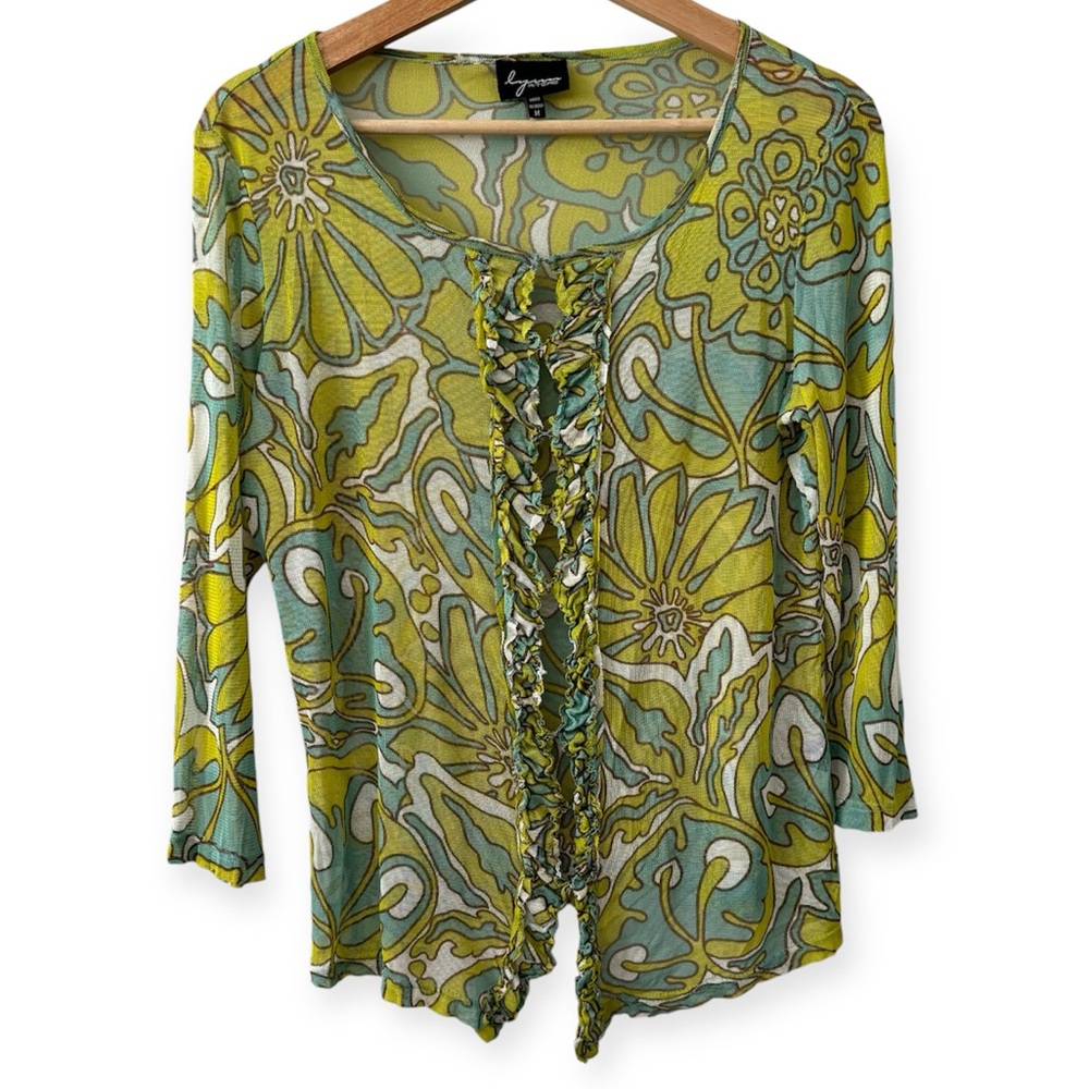 Lynn Ritchie 100% Silk Sheer Mesh Ruffle Groovy Floral Top Medium